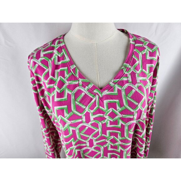 Icikuls Top Sz XL Knit Pink & Green Geometric Print Long Mesh Sleeve SPF 50 - Picture 2 of 9